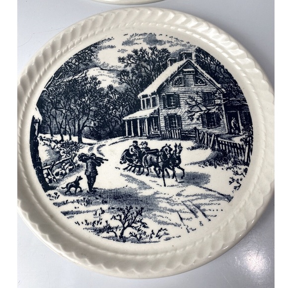 Vintage Royal Currier & Ives Dessert Plates Sleigh Ride Blue White Set of 4 - Picture 5 of 7